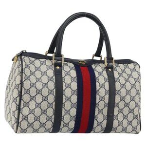 GUCCI GG Supreme Sherry Line Boston Bag PVC Navy Gold Red Auth 153368
